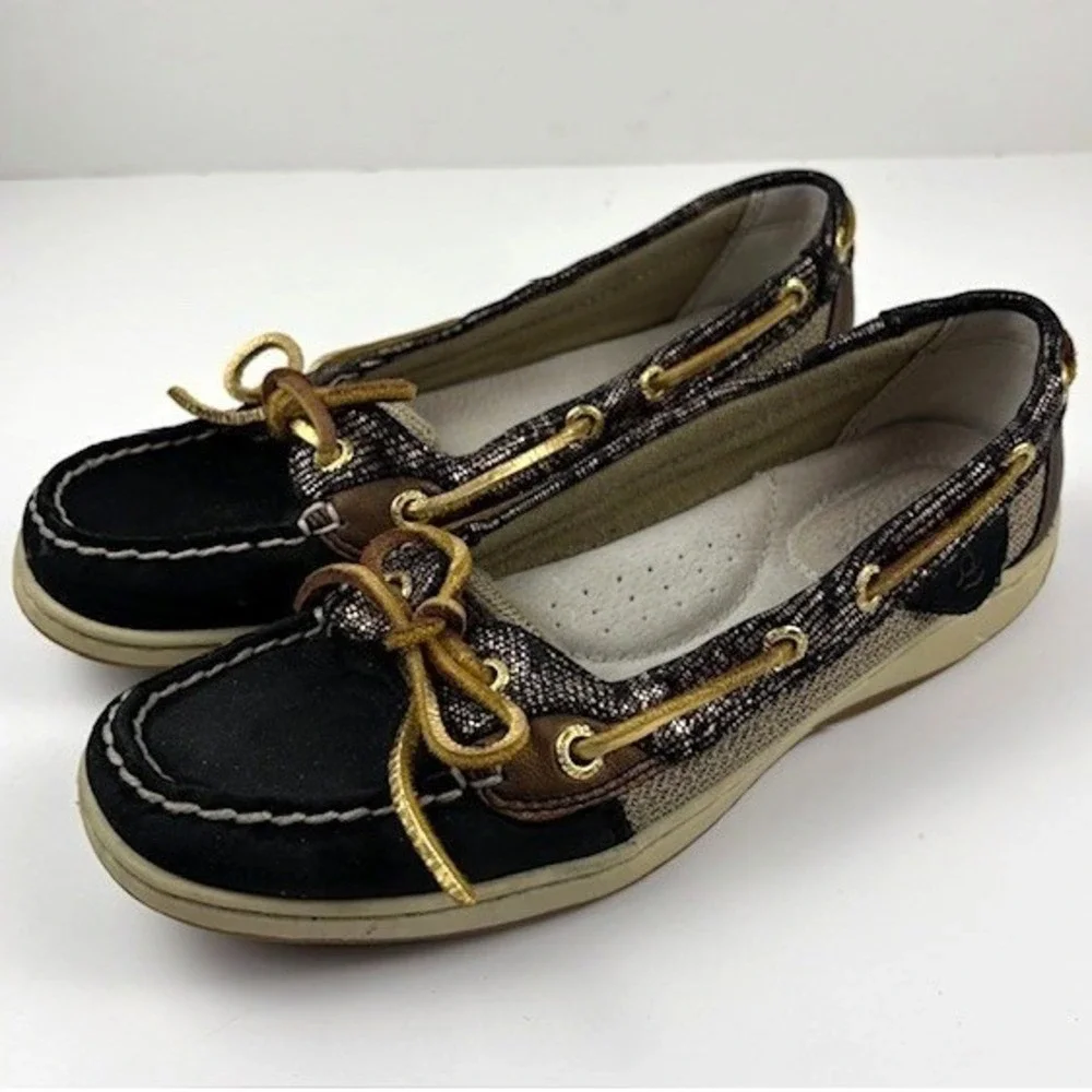 Sperry Top-Sider Womens Angelfish Black Tweed Gold Leather Boat Shoe Nautical 6
